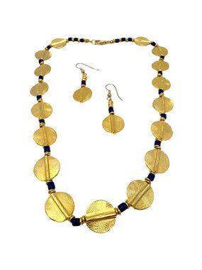African Akan Gold Tone Disc Necklace Blue Beaded Earrings Museum Repro Set